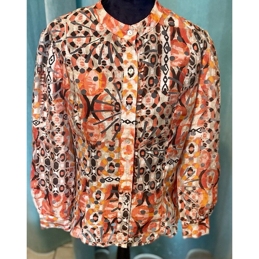 Ruby Rd Women’s Sz14P Geometric Sheer Jacket Orange Button Colorful Summer